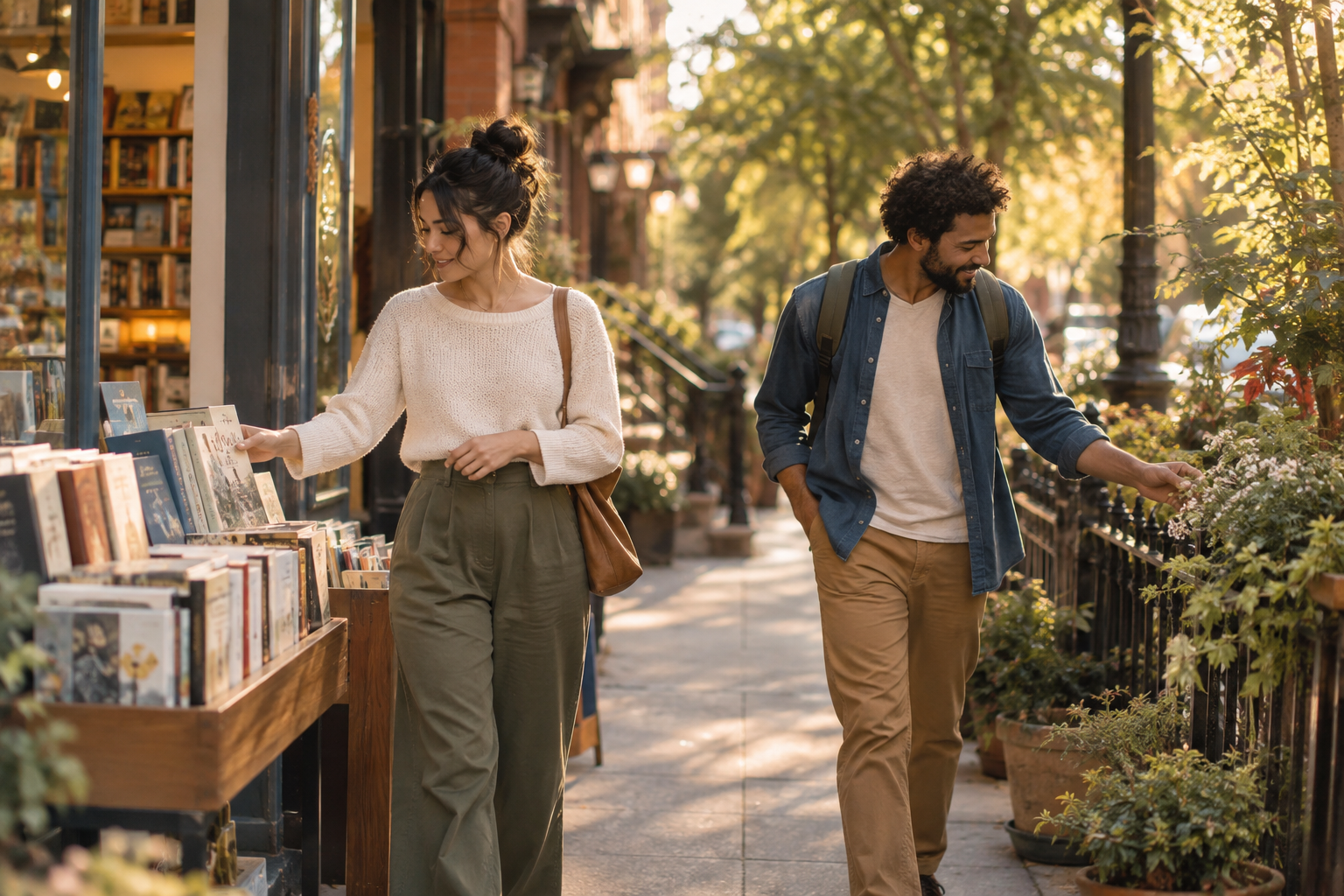 Two partners walking through a bookshop and garden while enjoying their own interests