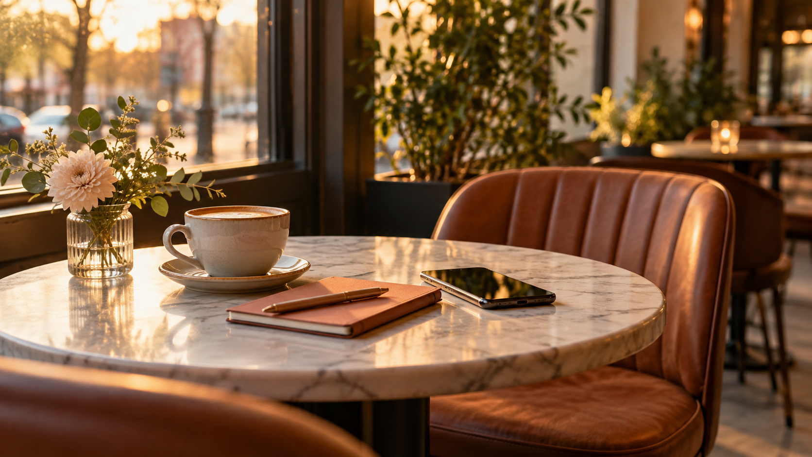 A coffee cup, notebook, and phone on a cafe table beside an empty chair after a changed plan