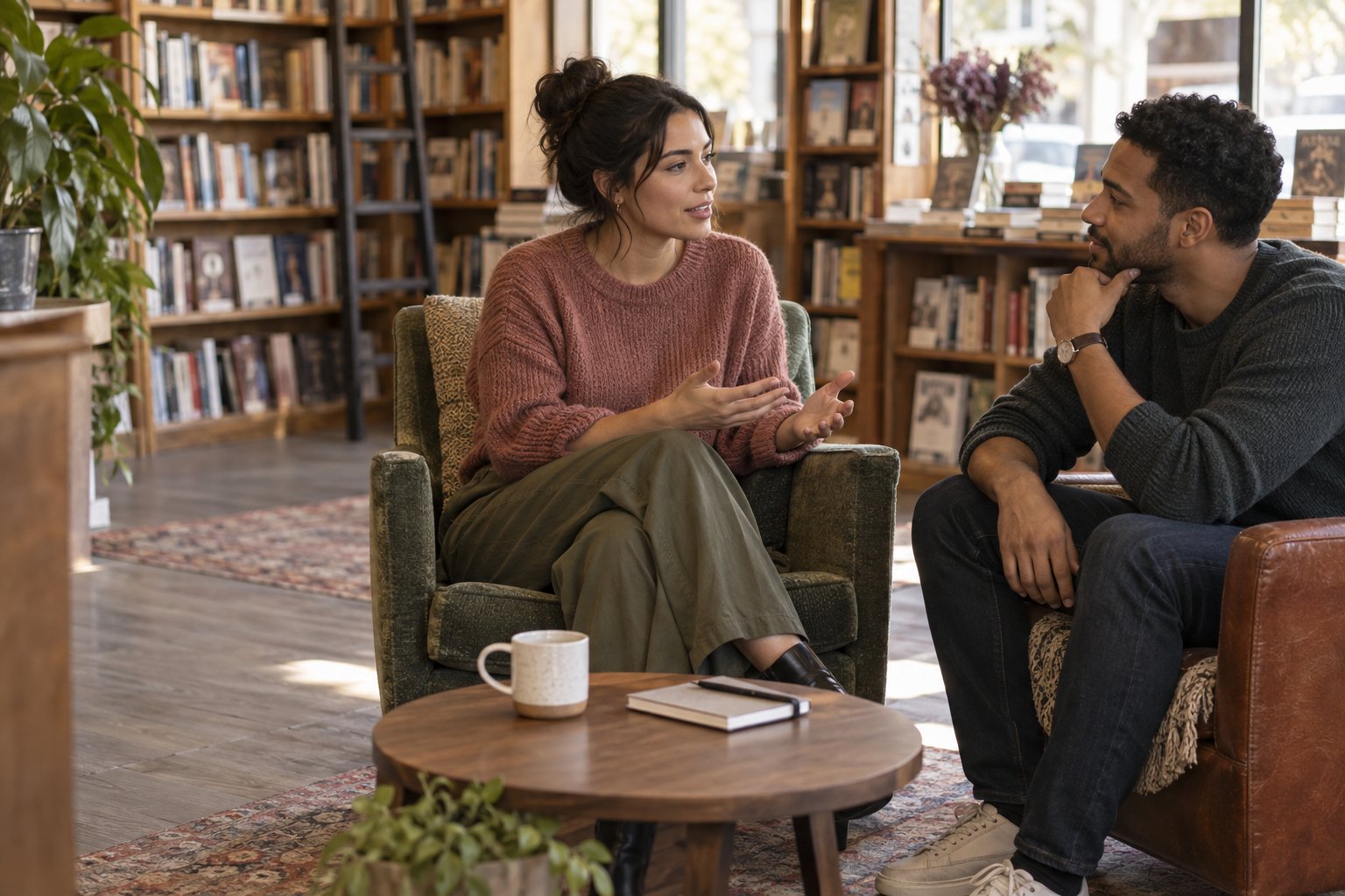 Two adults having a calm conversation in a quiet bookstore lounge