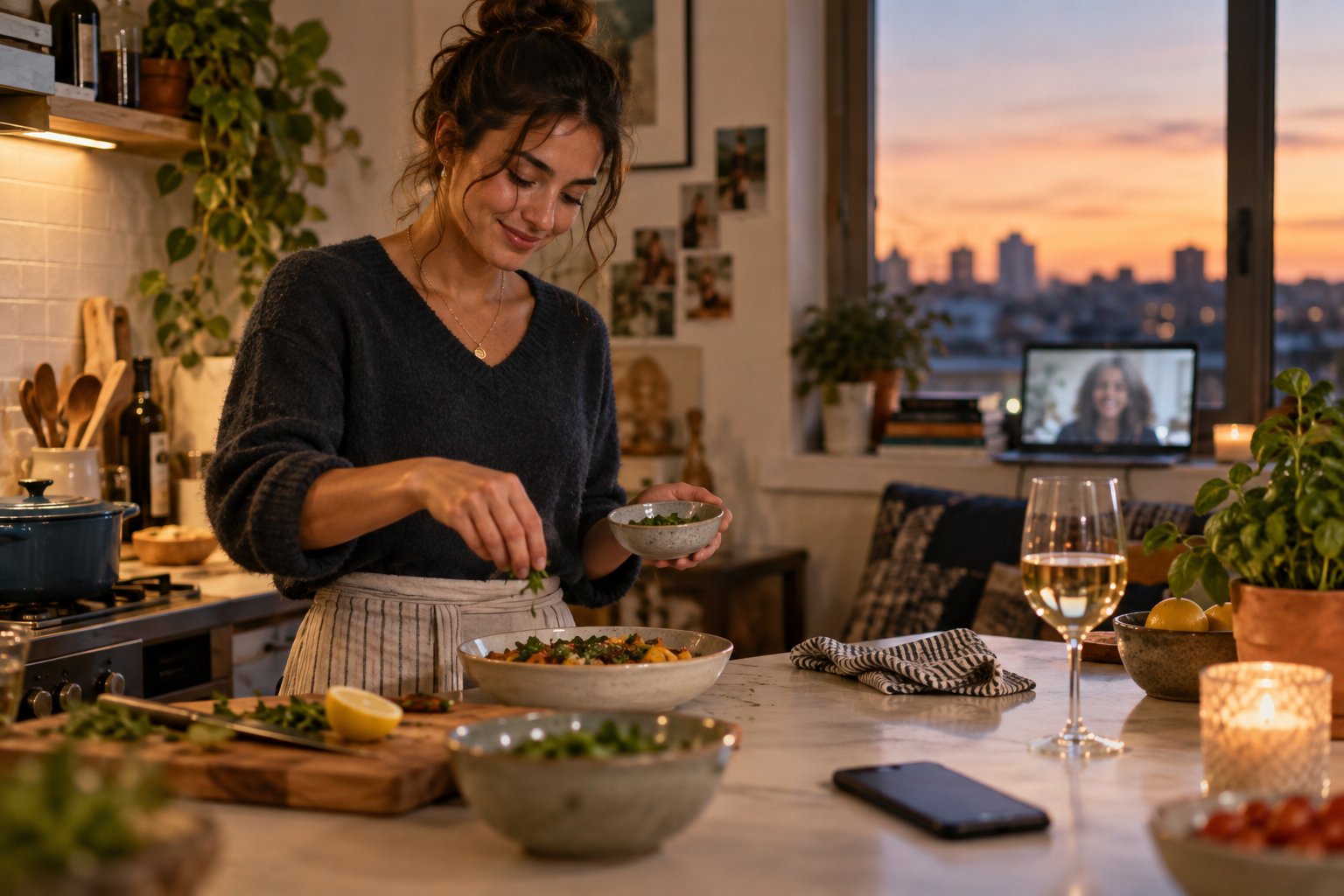 A person cooking dinner while their phone rests face down nearby