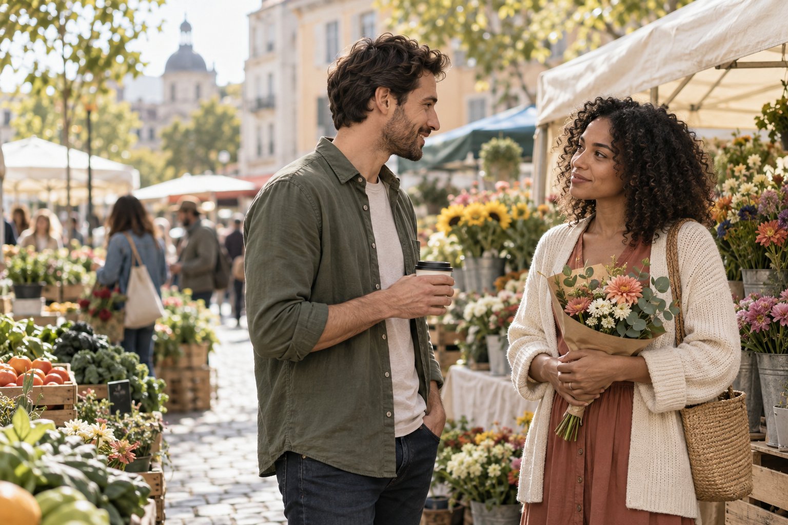 Two people having a warm, unhurried conversation at an outdoor market
