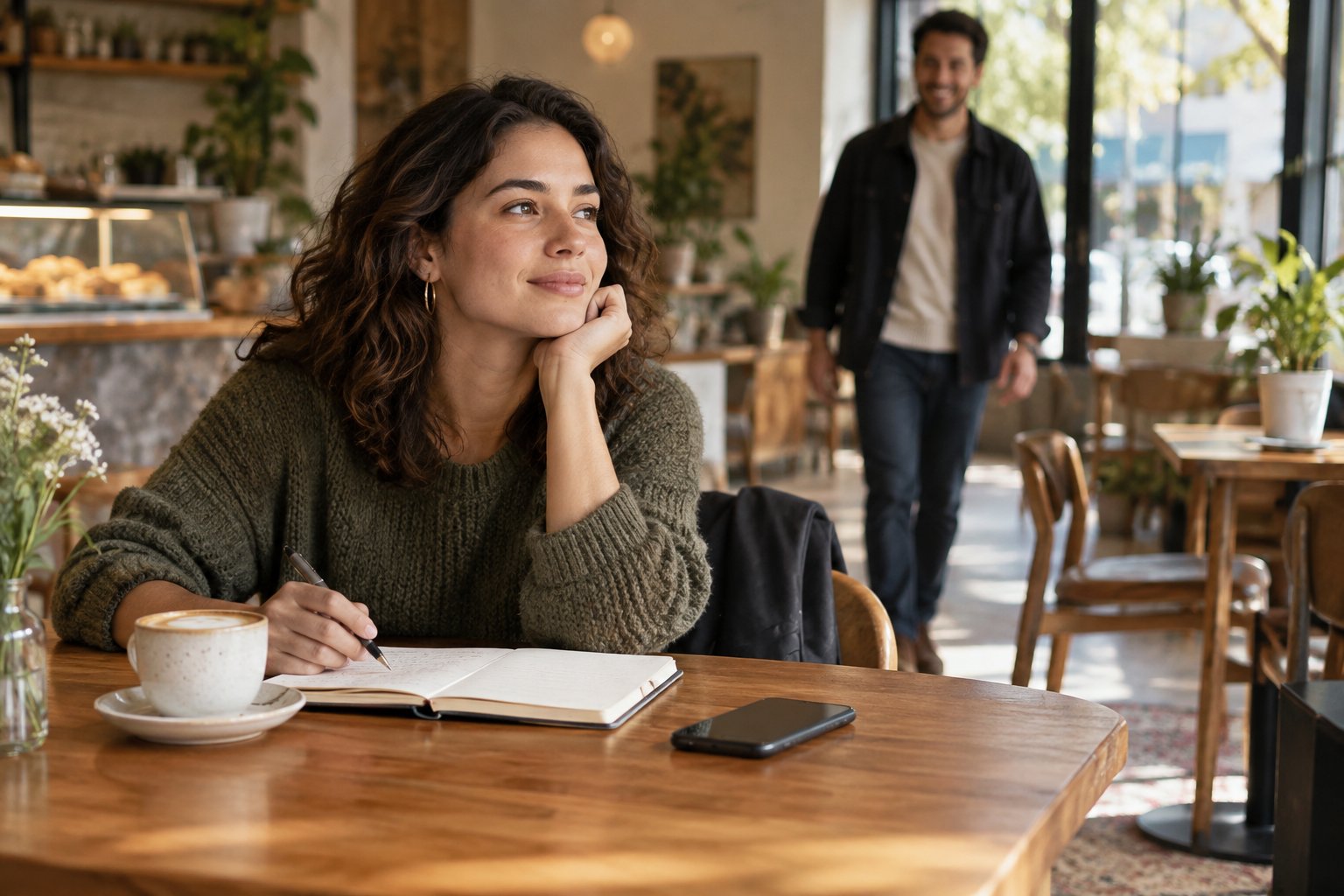 A person calmly reflecting at a cafe table with a phone set aside