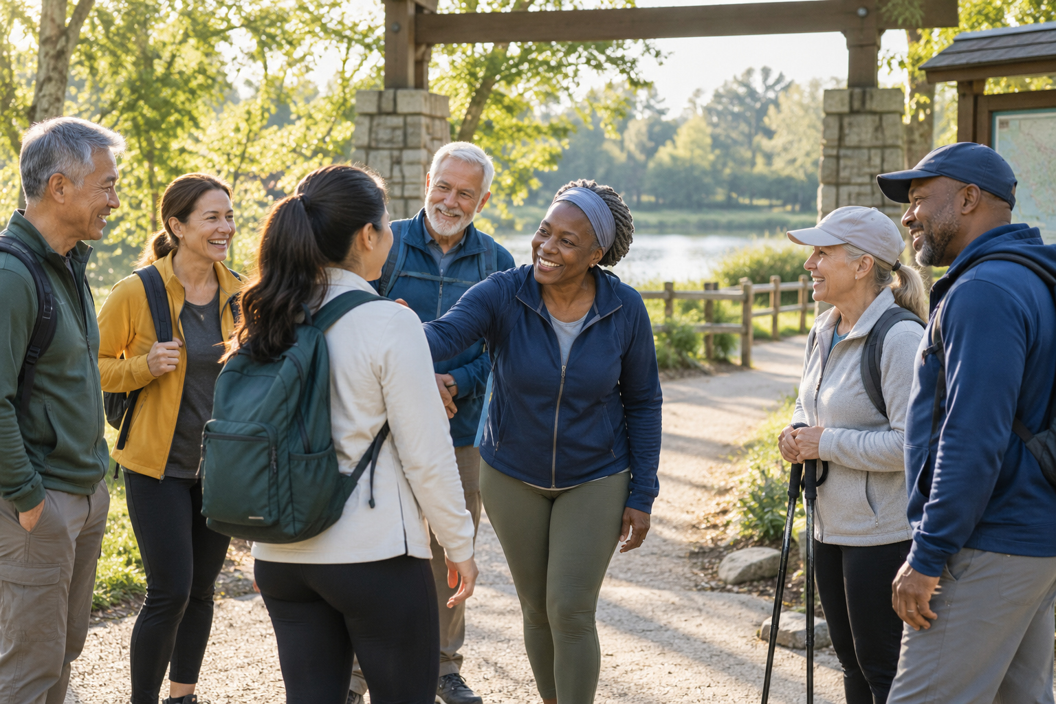 A group of adults greeting one another during a community activity