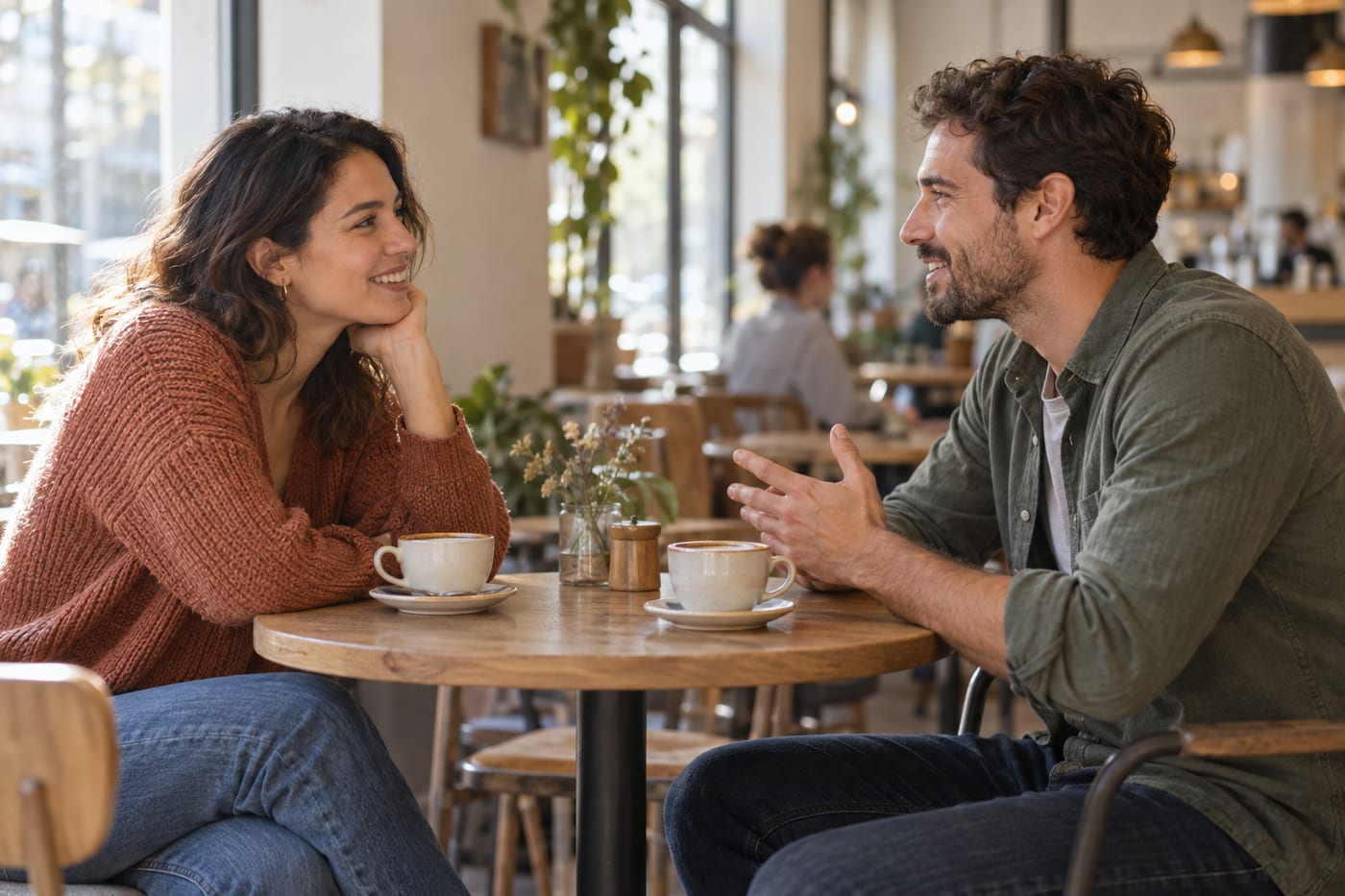 Two adults having a relaxed coffee conversation while getting to know each other