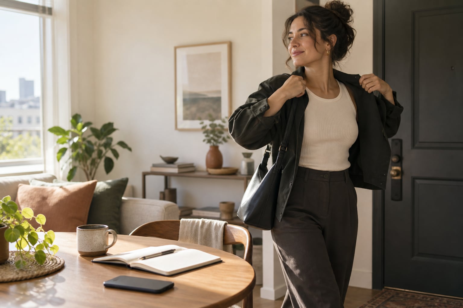 A person putting on a jacket before leaving home for a relaxed coffee date
