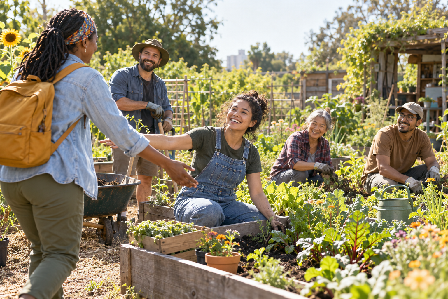 A small group of adults welcoming a friend into a recurring community garden activity