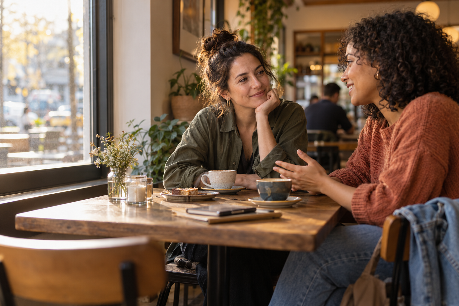 Two old friends reconnecting over coffee at a quiet neighborhood cafe