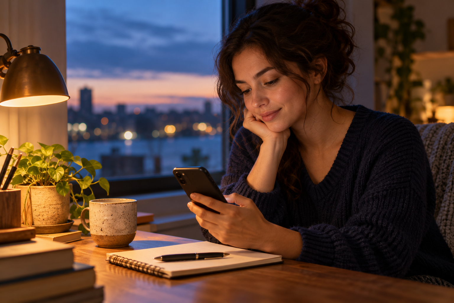 A person thoughtfully writing a message to an old friend beside a warm desk lamp