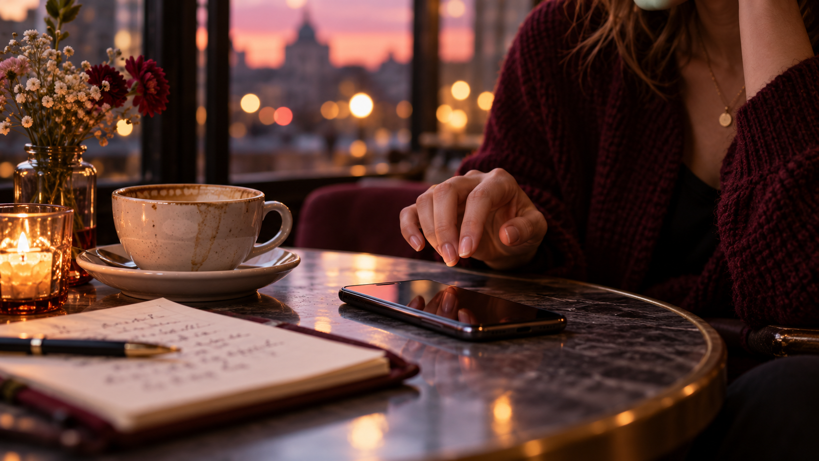A person pausing before sending a thoughtful follow-up text at a cafe in the evening