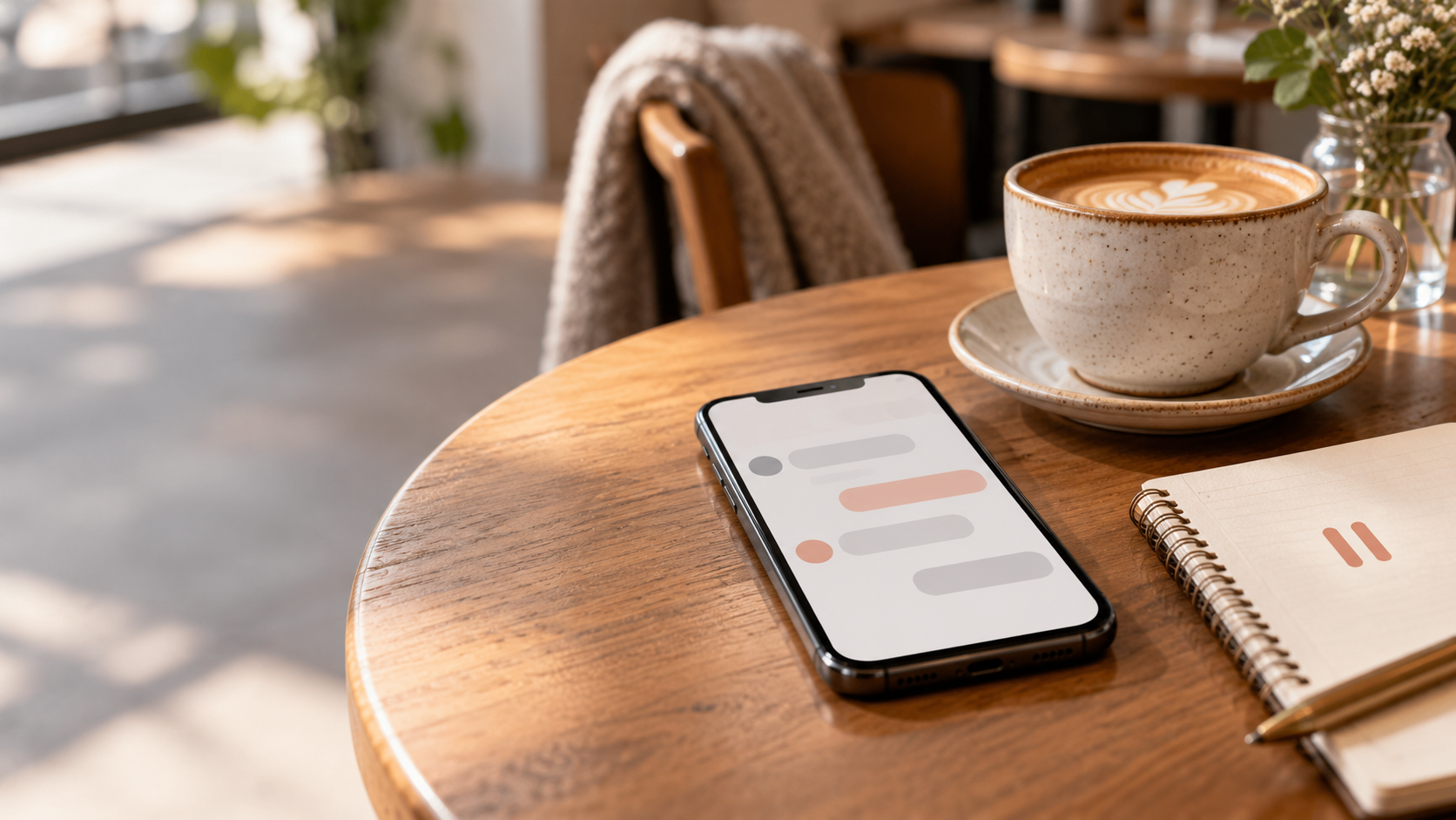 A smartphone resting beside coffee and a notebook in a calm cafe while someone considers restarting a conversation