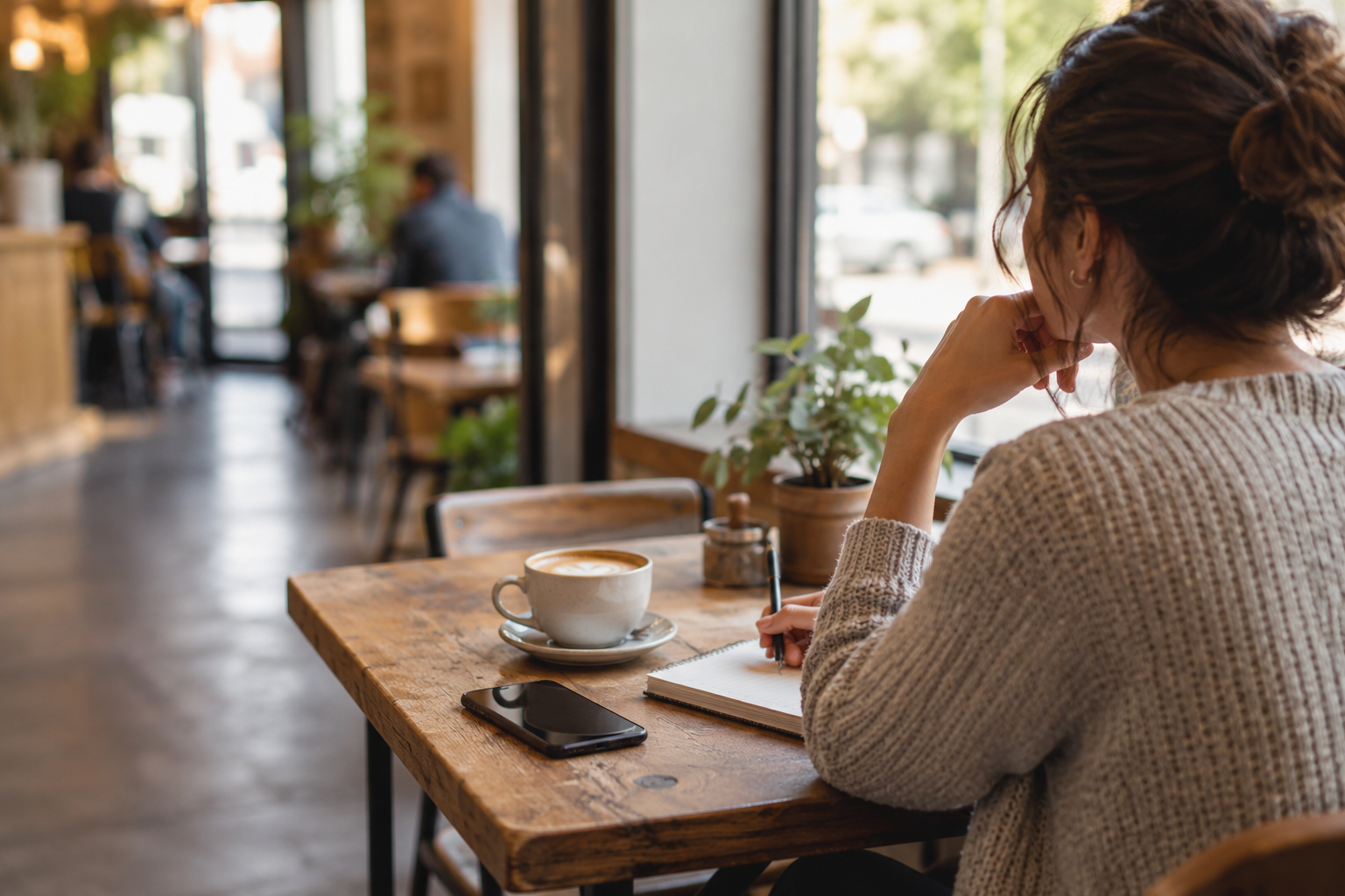 A person thinking over a possible second date at a cafe with coffee, a phone, and a notebook