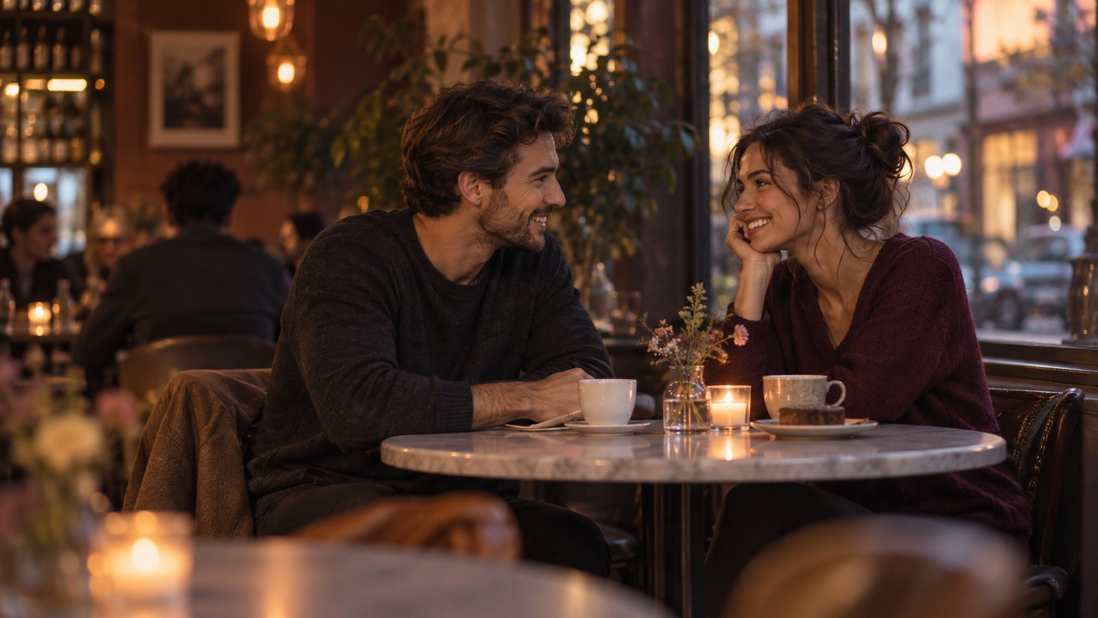 Two people smiling and listening to each other across a cafe table on a first date