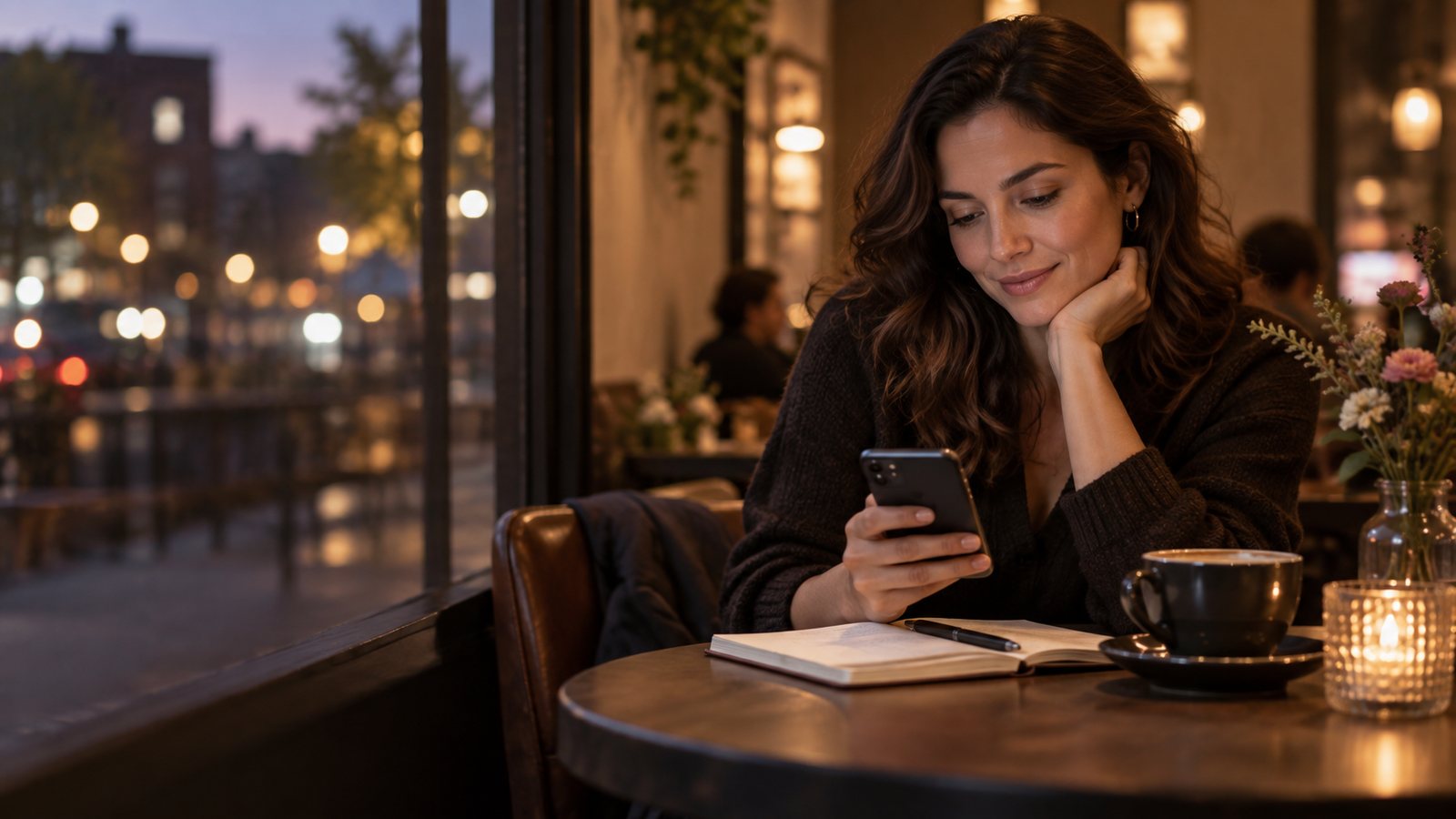 A person calmly reflecting over coffee after a first date while looking at their phone