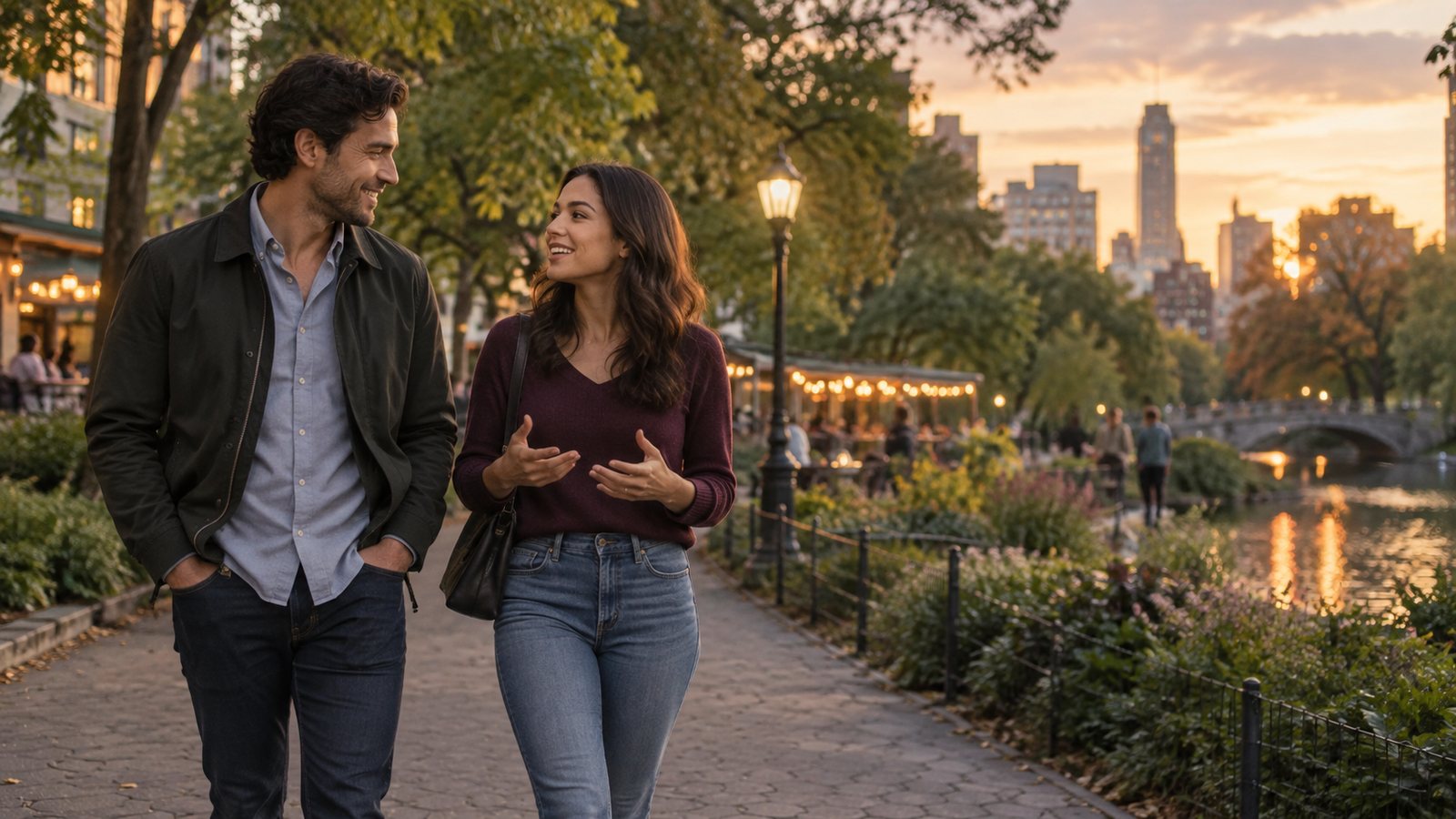 Two people walking together through a city park after a relaxed first date