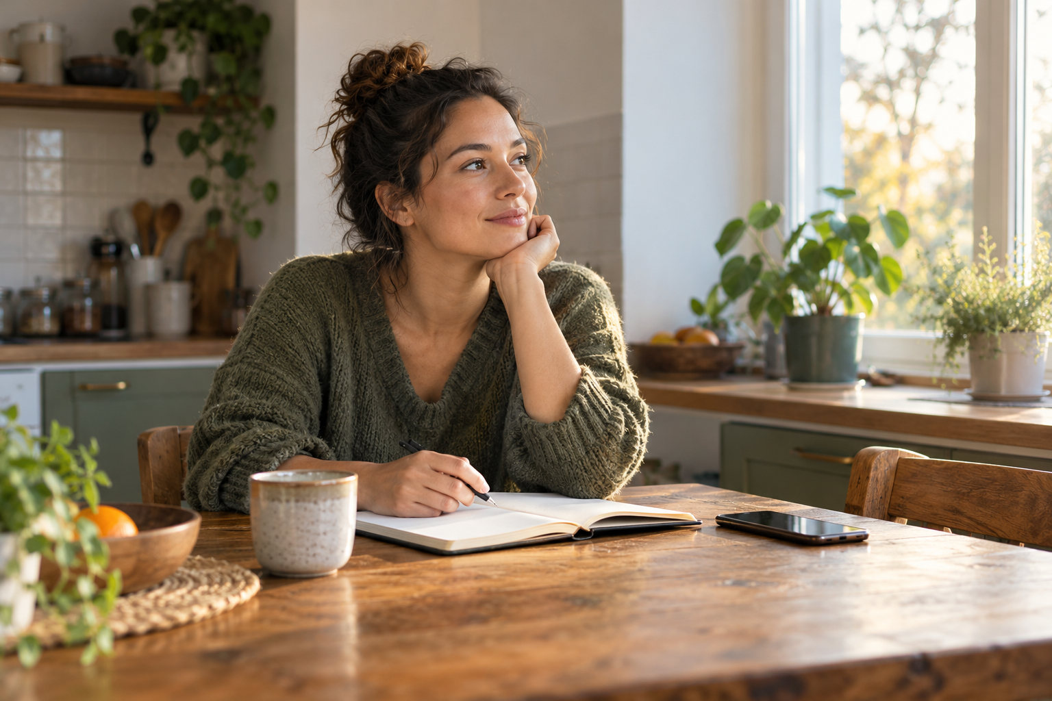 An adult reflecting with a notebook at a kitchen table before setting a healthy boundary