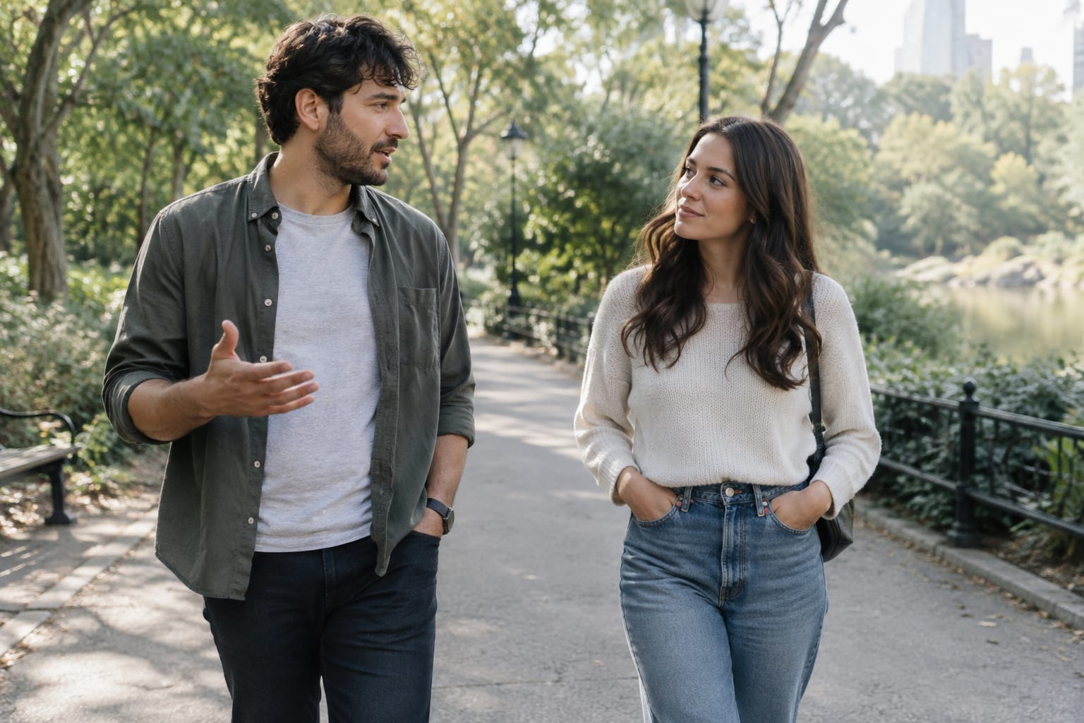 Two adults walking side by side and talking in a green city park