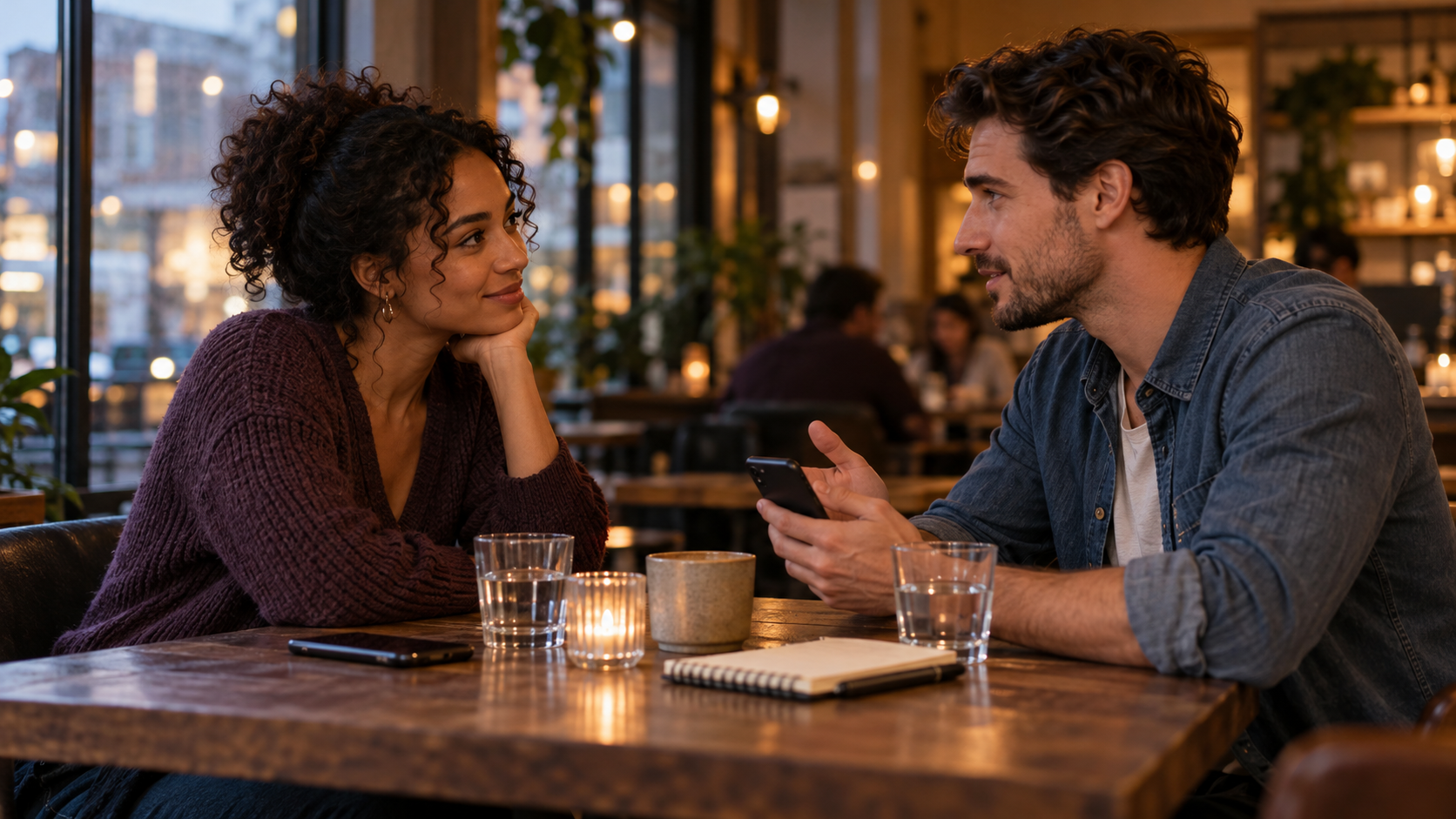 Two adults having a calm conversation about sexual health and boundaries at a cafe