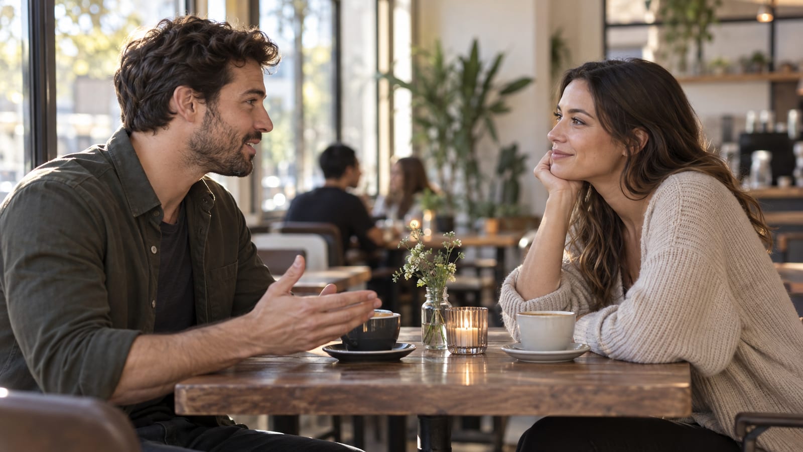 Two adults having a relaxed, attentive conversation over coffee