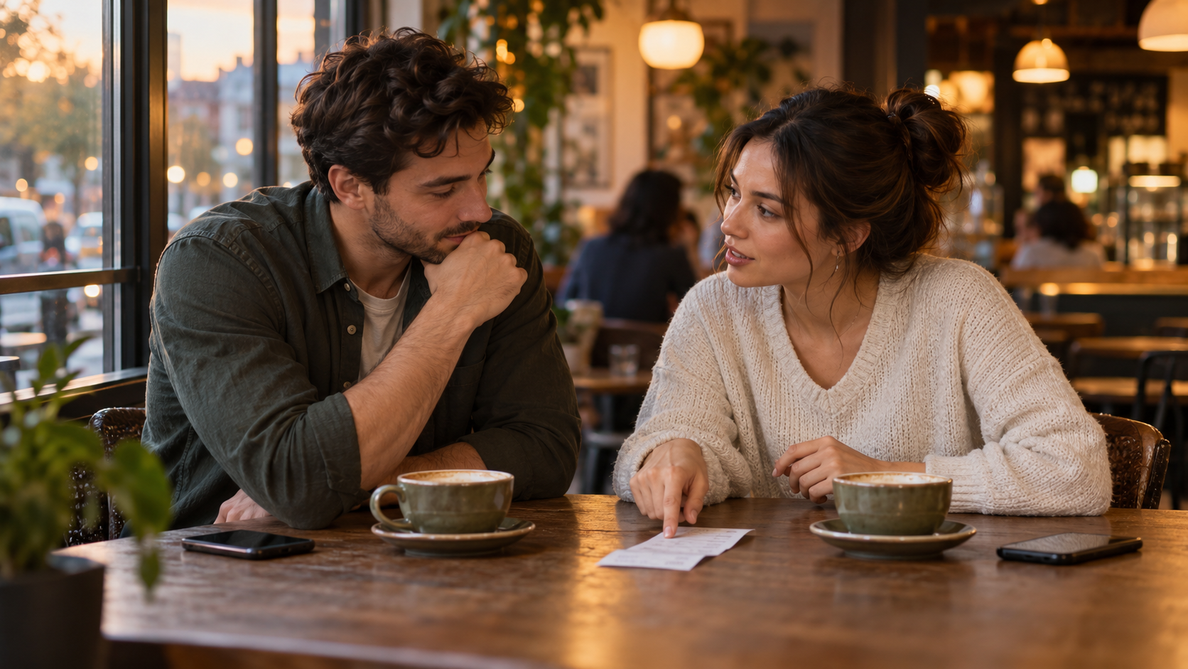 Two people having a calm conversation about a restaurant bill at a cafe while dating