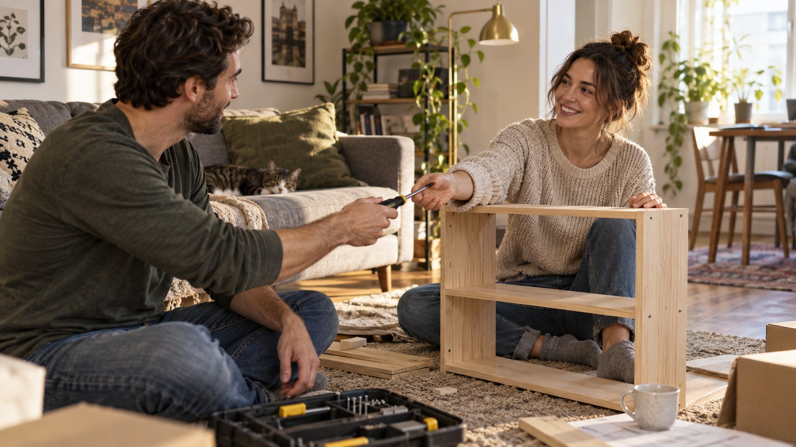 A couple assembling a small shelf together at home