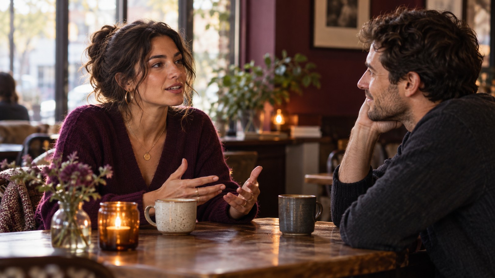 Two adults having an open conversation at a quiet cafe
