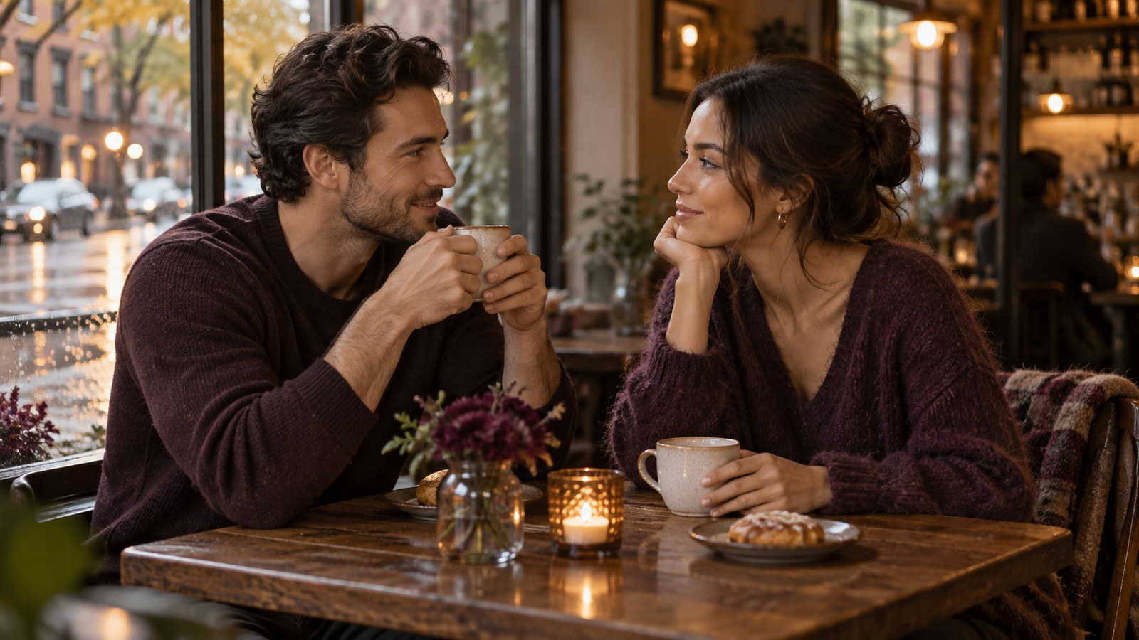 Two adults sharing coffee at a quiet cafe while getting to know each other