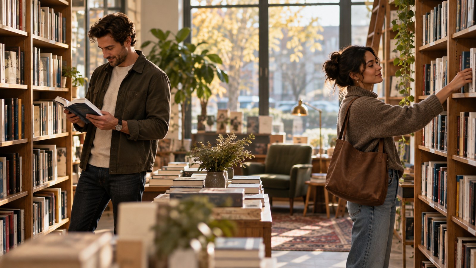 A couple browsing separate shelves together in a quiet bookstore