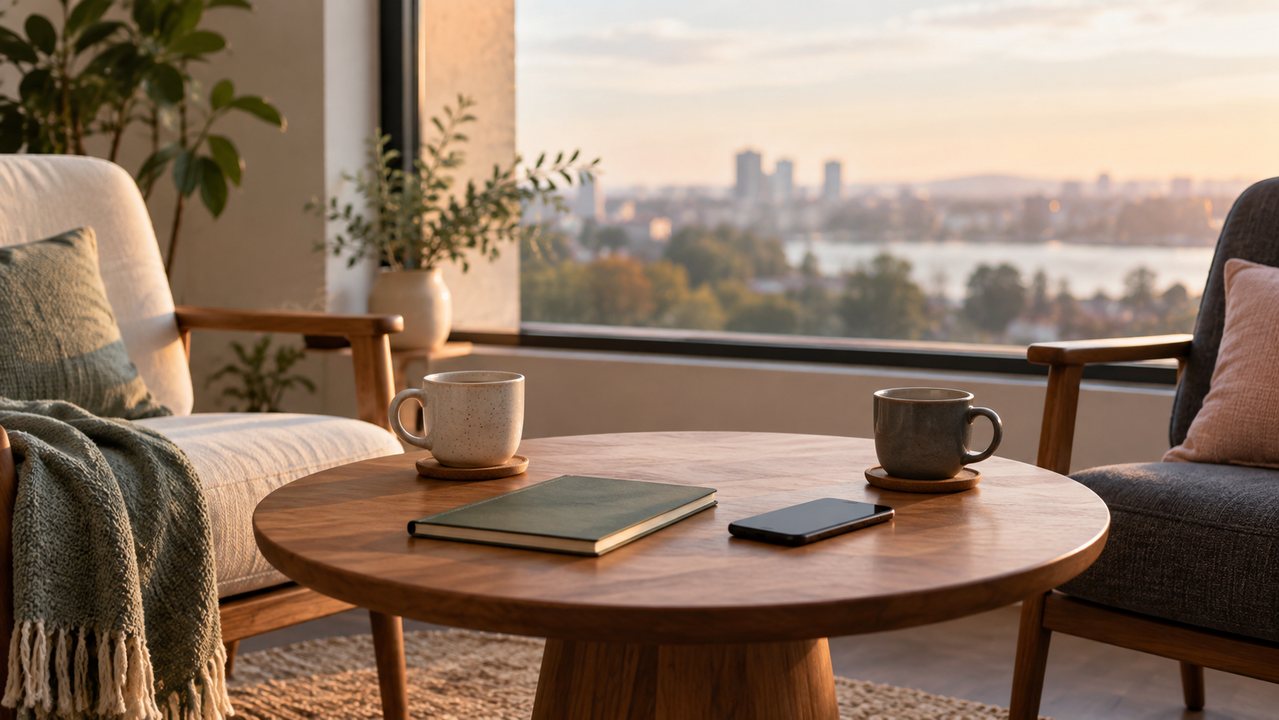 Two coffee cups set apart on a table with a notebook and phone between two quiet chairs