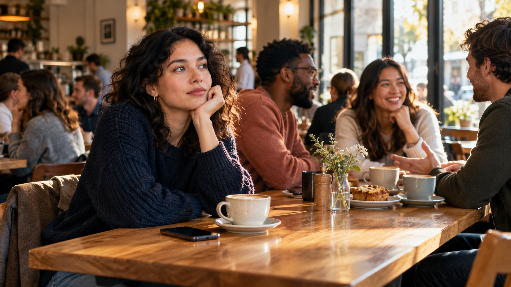 A thoughtful adult sits at a lively café table while friends talk nearby