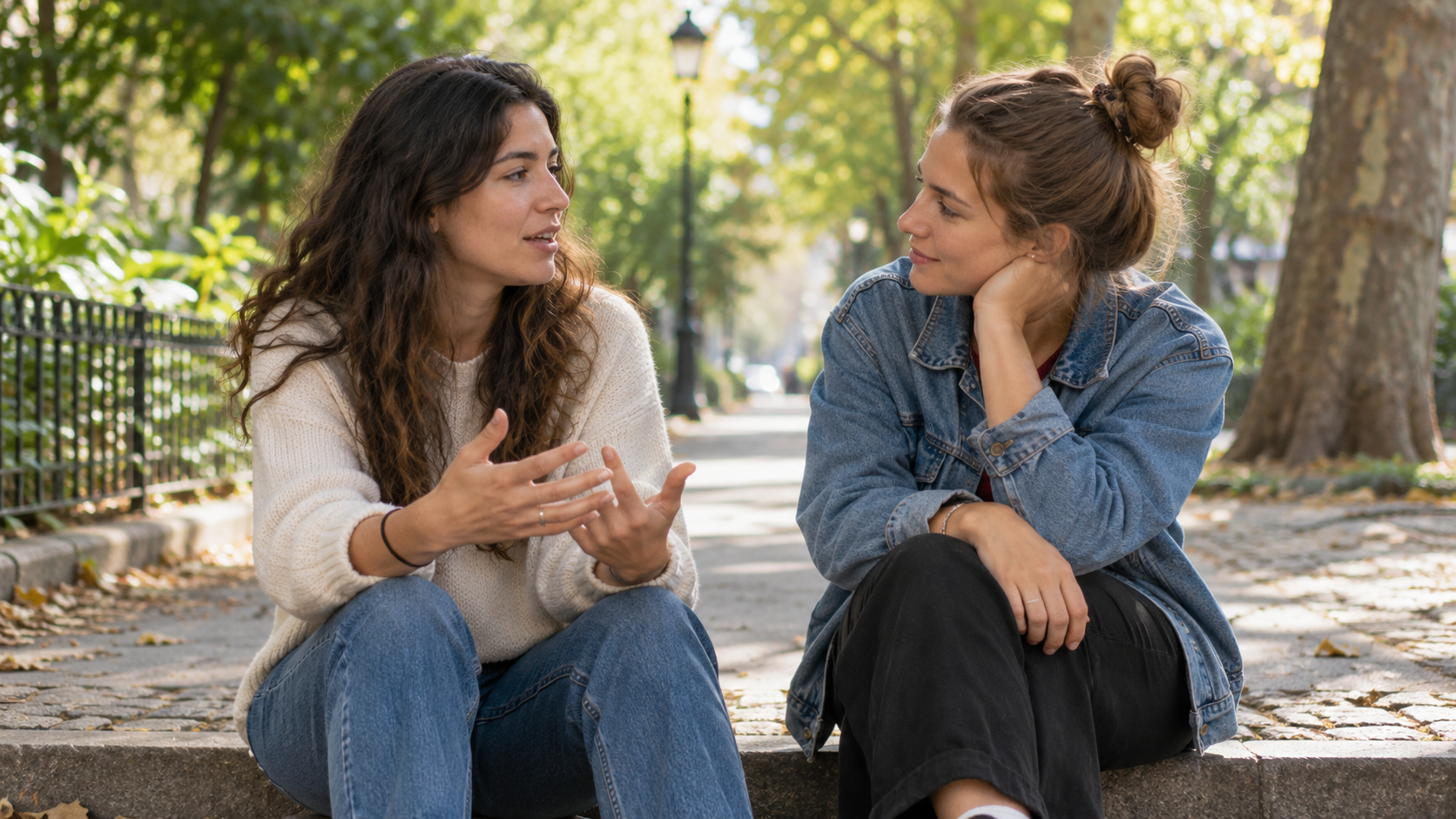 Two friends sit together on a park walk while one listens attentively