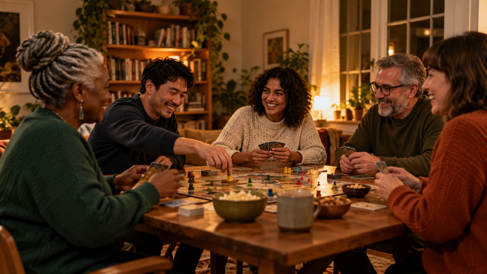 A diverse group of adults meets regularly for a relaxed board game evening