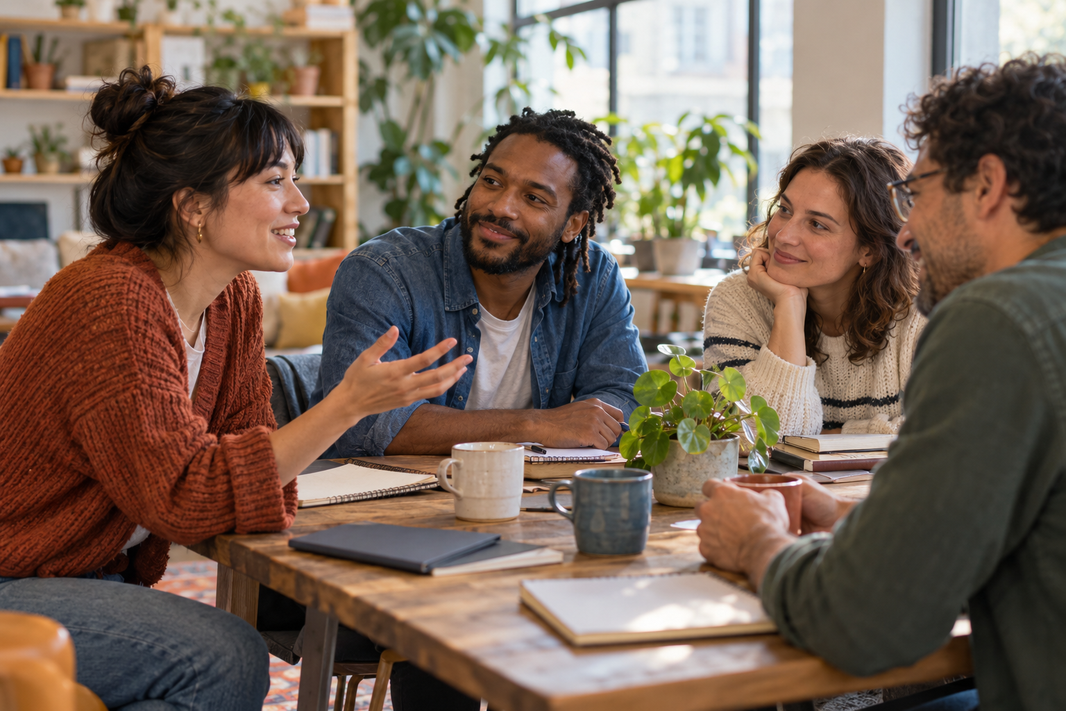 Four adults sharing an easy conversation around a table in a bright community space